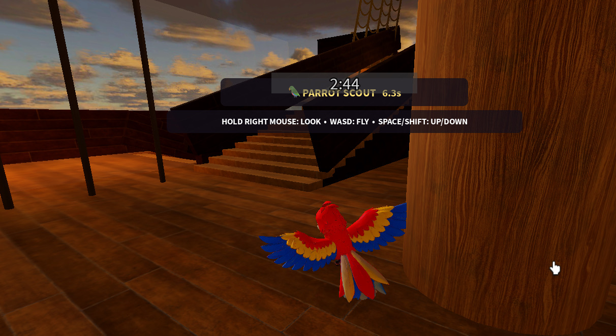 Polly Scout flying inside the pirate ship
